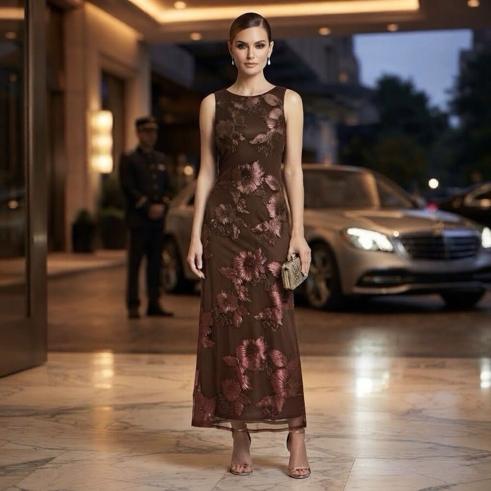 Thirty Brown Embellished Floral Mesh Maxi Dress size XL Cocktail Party Event NWT